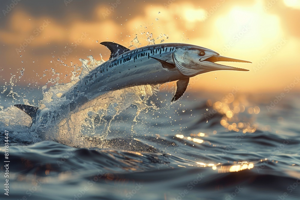 Fototapeta premium Swordfish leaping out of the ocean, ideal for seafood restaurant promotions. 