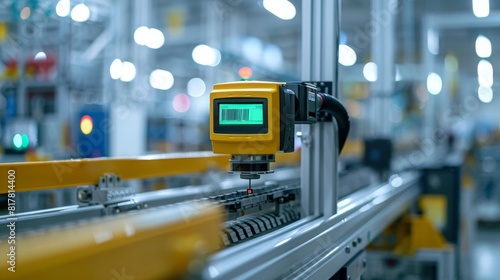 A close-up of a barcode scanner being used to track inventory in a high-tech manufacturing facility, highlighting the importance of technology in factory logistics.