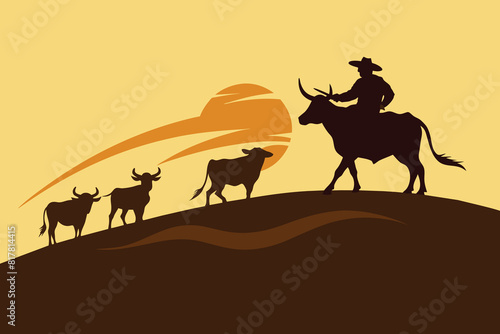 A vector silhouette of a working ranch cowboy herding texas longhorn cows down a hill design