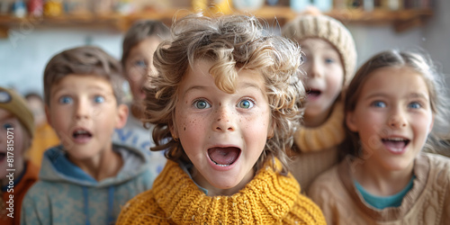 Close-up of children making funny faces and posing for photos