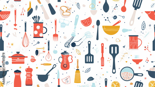 Colorful seamless pattern with cooking tools on white background