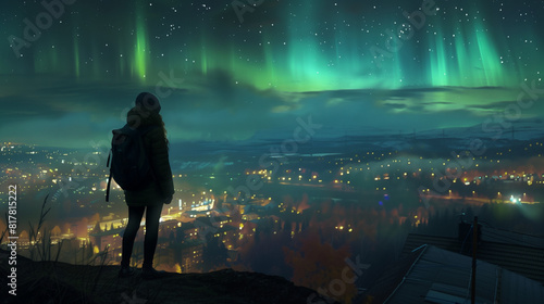 Traveler Watching Northern Lights Over Cityscape at Night