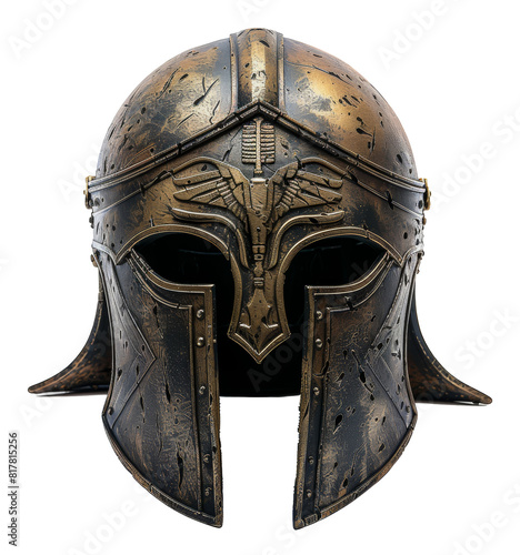 Rusty medieval knight helmet with textured surface, cut out - stock png.