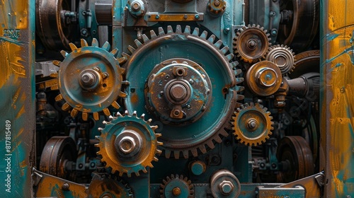 A detailed shot of a complex network of gears, belts, and levers inside a piece of heavy machinery used in industrial production. photo