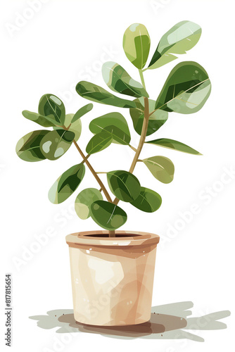 Illustrated Potted Plant with Green Leaves on Beige Background