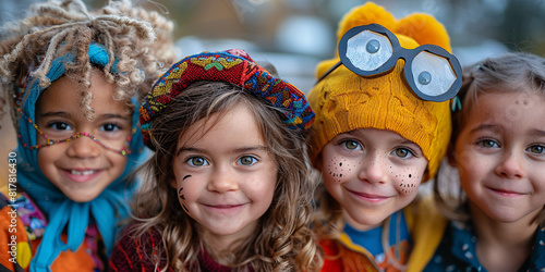 Close-up of children playing dress-up with costumes and hats