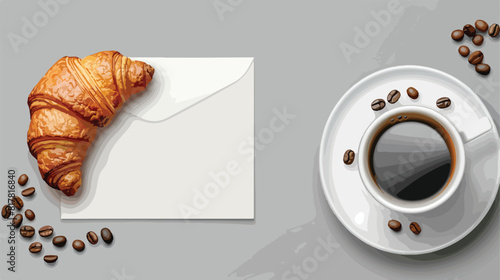 Composition with blank card cup of coffee croissant