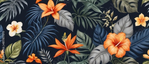 tropical leaves and flowers background