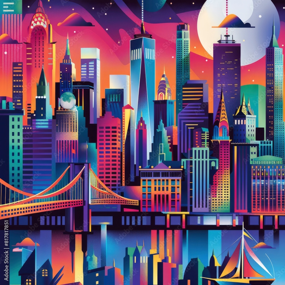 A colorful cityscape with a bridge in the foreground A colorful cityscape with a bridge in the foreground