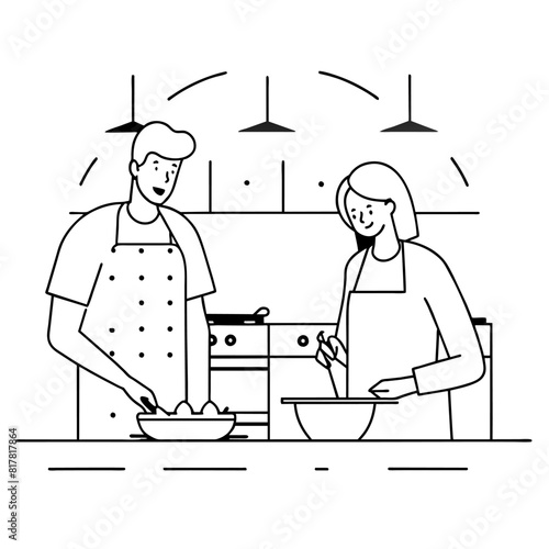 A black and white line drawing depicting two individuals engaged in cooking