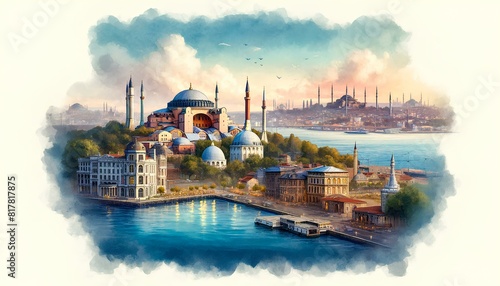 watercolor painting featuring significant landmarks of Istanbul, Turkey, including Hagia Sophia, the Blue Mosque, Galata Tower, and Topkapi Palace.  photo
