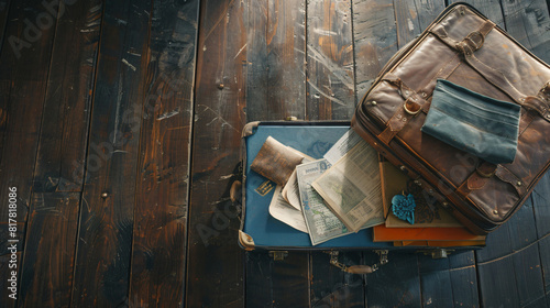 Travel suitcase with documents and tourists stuff on wooden