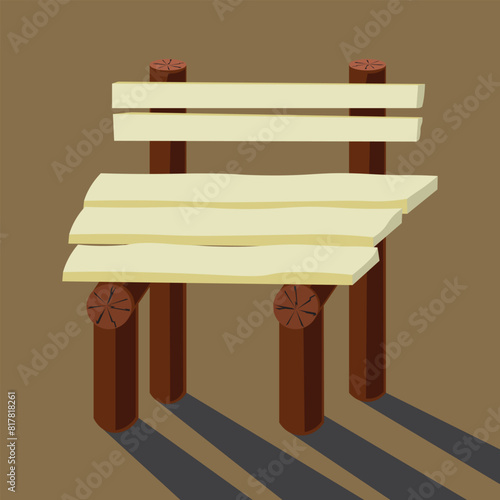 Vector illustration of a wooden bench. Wooden bench on a plain background. Drop shadow, 3D illustration. Rest, peace, sitting, relaxation