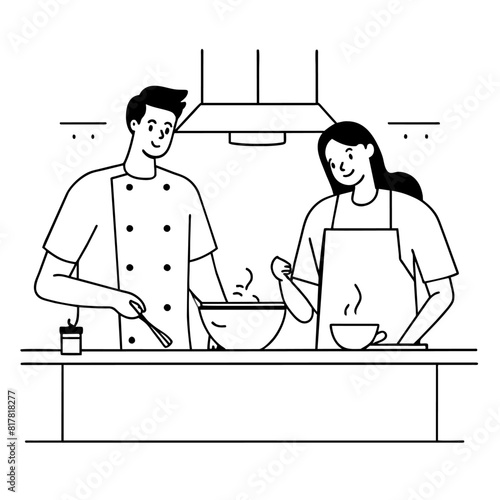 A black and white line drawing depicting two individuals engaged in cooking