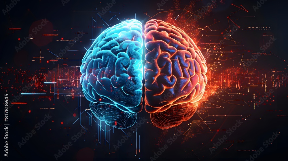 A brain is shown in two halves, one red and one blue. The image is a ...