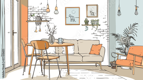Contour drawing of cozy dining or living room furnish