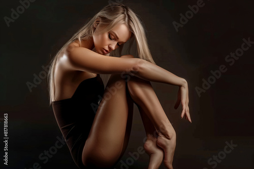 Elegant female model posing gracefully in black attire with a serene expression against a dark background
