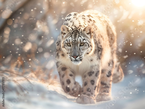 snow leopard gazes ahead, amidst the breathtaking beauty of the snow-covered landscape