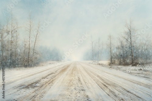 Snow-covered road stretching into a foggy horizon, flanked by bare trees © cherezoff