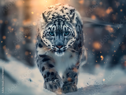 snow leopard gazes ahead, amidst the breathtaking beauty of the snow-covered landscape