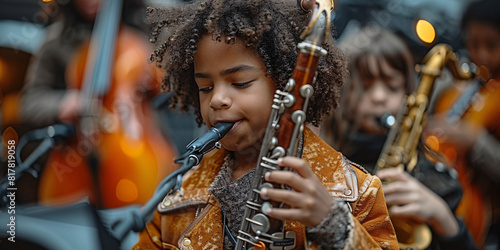 Close-up of kids playing musical instruments in a band photo