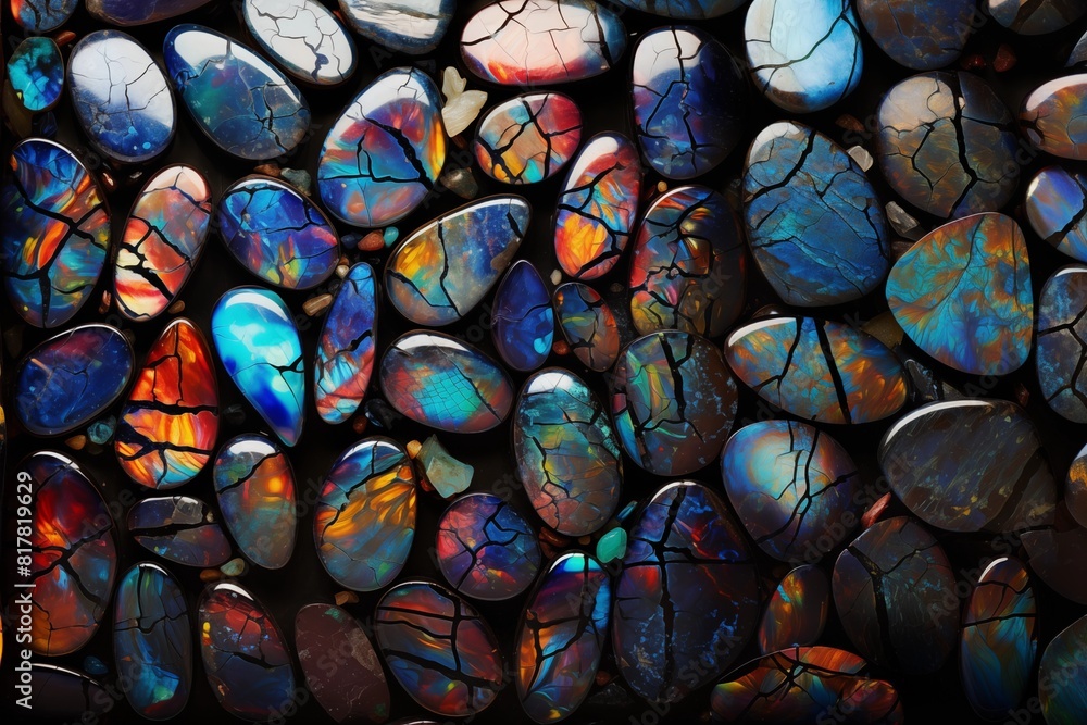 A close-up view of cracked iridescent gemstones with vibrant colors. A close-up view of cracked iridescent gemstones with vibrant colors.
