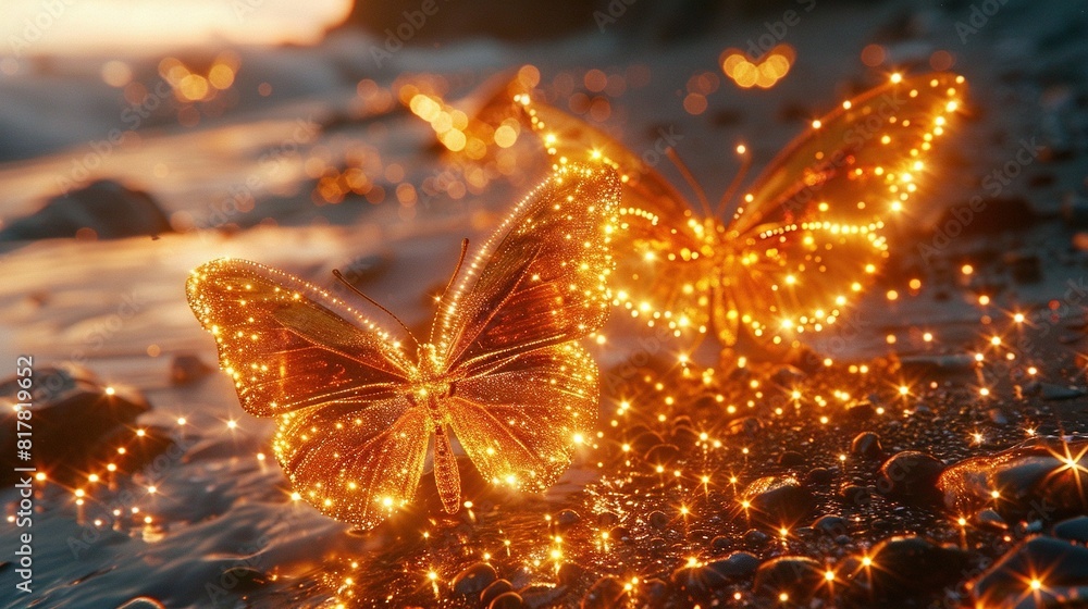 A close-up of a butterfly on water, with glowing wings and water in the background A close-up of a butterfly on water, with glowing wings and water in the background