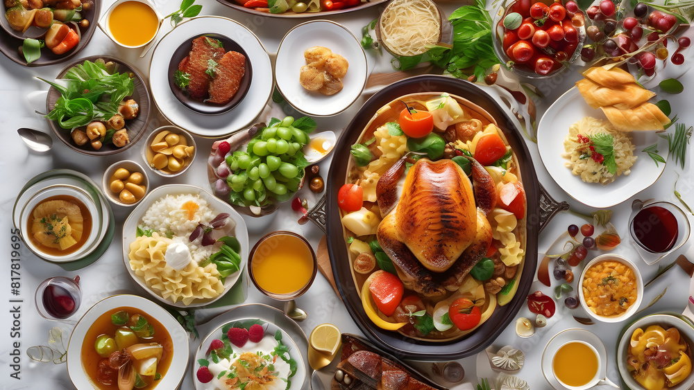 custom made wallpaper toronto digitalset of kinds of food on the table, table setting with multiple foods, ai generated