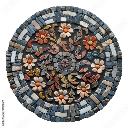 Circular stone mosaic with intricate color patterns  cut out - stock png.