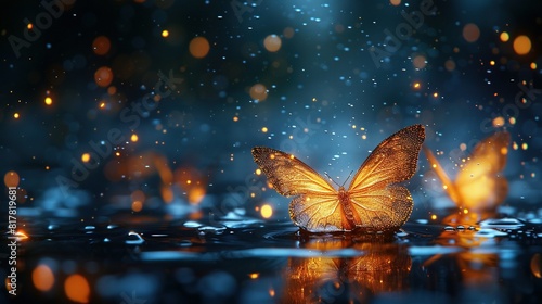  A focused photograph of a butterfly on a water surface surrounded by droplets, with a hazy backdrop