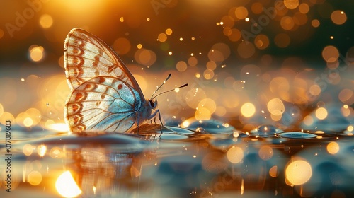   A close-up of a butterfly over water with droplets and a blurred backdrop © Shanti