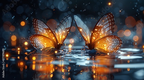  A pair of yellow butterflies hover over a water surface, floating together photo