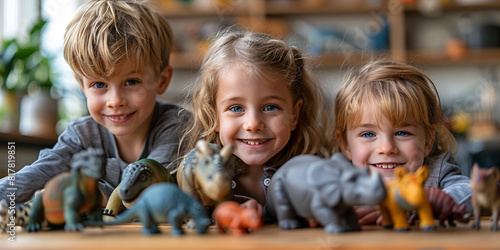 Close-up of kids playing with toy animals and figurines photo