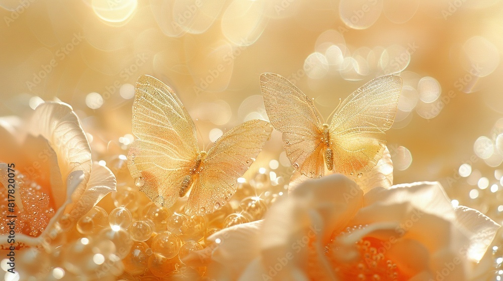 Close-up of a group of flowers with a butterfly perched atop one, and water droplets glistening at the base of the flower petals Close-up of a group of flowers with a butterfly perched atop one, and water droplets glistening at the base of the flower petals