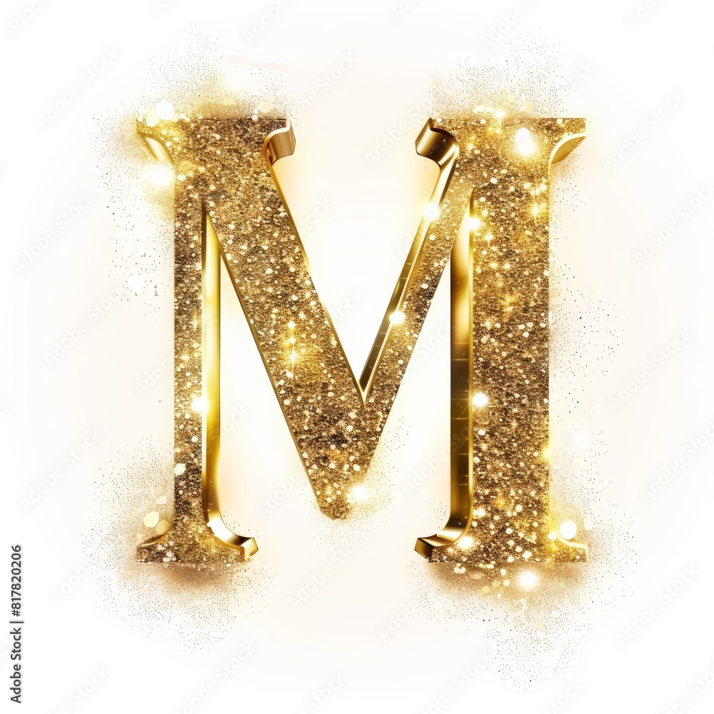 Golden glowing letter M with gold dust on white clean background. Scrapbook activity. Generative AI Golden glowing letter M with gold dust on white clean background. Scrapbook activity. Generative AI