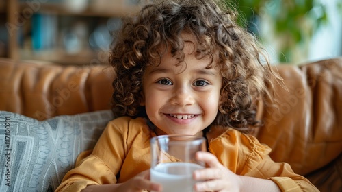 A blond child smiling while holding a glass of milk.