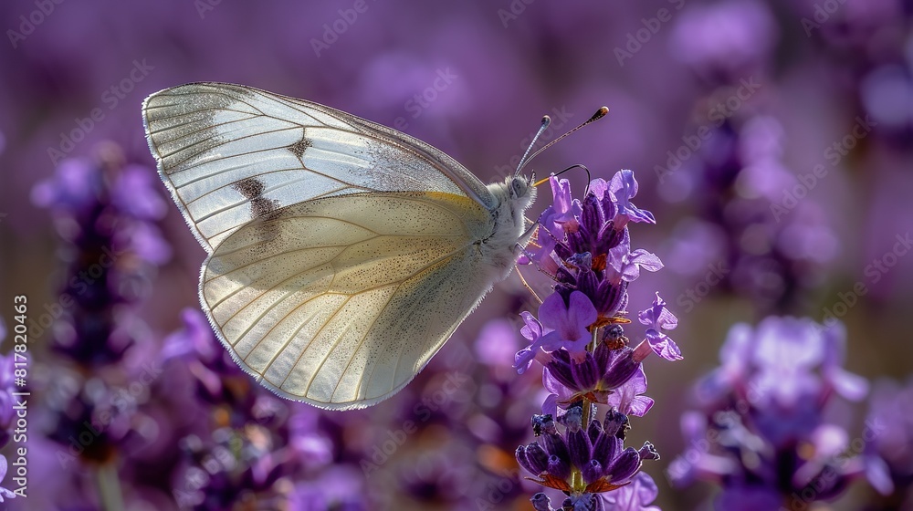 A detailed shot of a butterfly perched on a flower with vibrant purples surrounding it, while the backdrop is softly out of focus A detailed shot of a butterfly perched on a flower with vibrant purples surrounding it, while the backdrop is softly out of focus