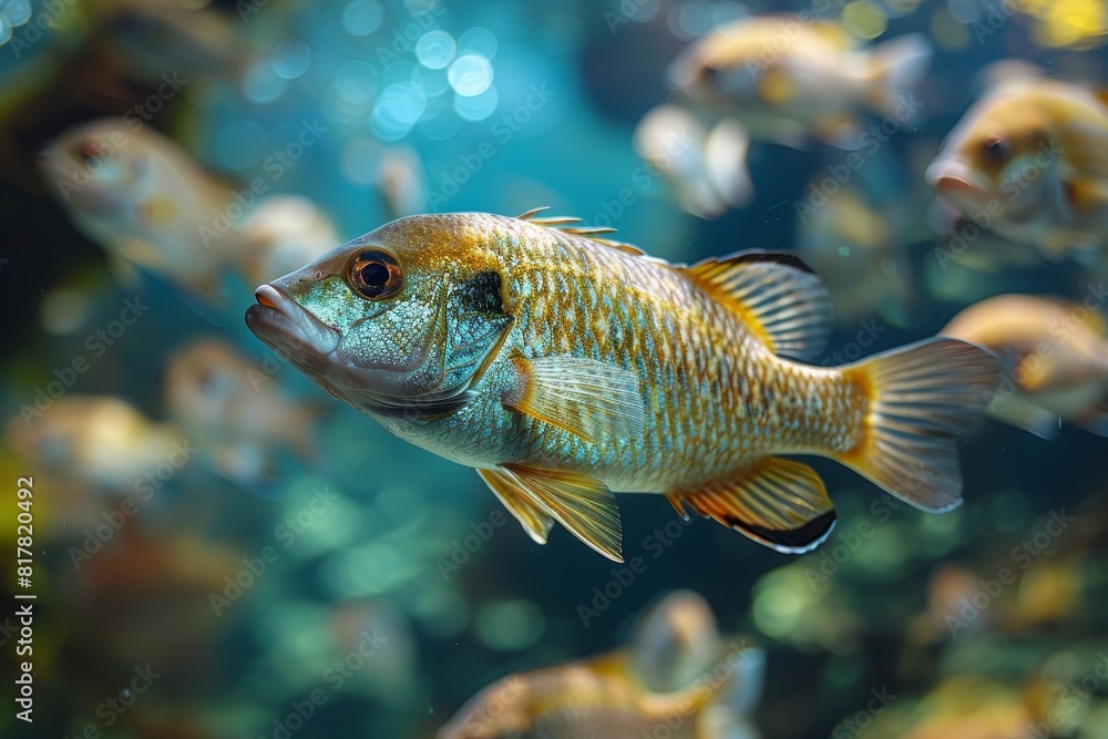 Tilapia swimming in a freshwater pond, representing aquaculture. 