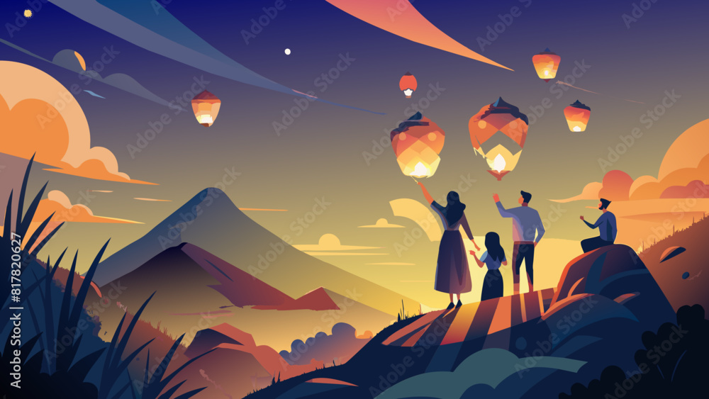 Naklejka premium Enchanting Evening Landscape with Family Watching Hot Air Balloons. Vector illustration for jewish holiday Tu B' av