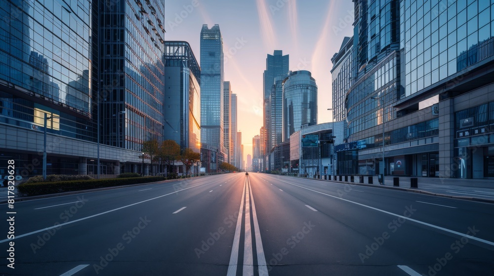 A panoramic view of a modern business district at dawn, with empty streets and high-rise buildings, signifying potential and undiscovered markets, with generous copy space or blank space