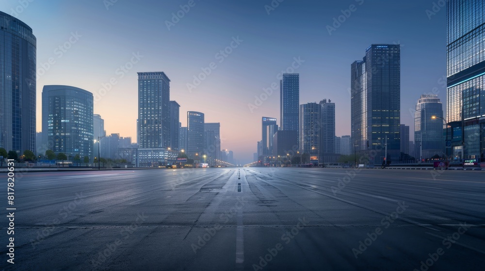 A panoramic view of a modern business district at dawn, with empty streets and high-rise buildings, signifying potential and undiscovered markets, with generous copy space or blank space