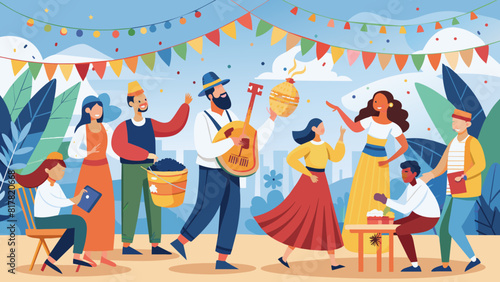 Vibrant Outdoor Festival Scene with Diverse People Enjoying Music and Food. Vector illustration for jewish holiday Tu B' av