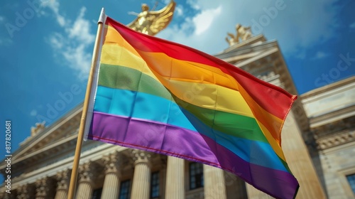 A rainbow flag waving in front of a neoclassical building with columns and a statue  against a blue sky.