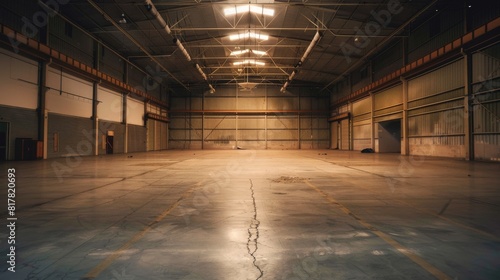 A spacious industrial warehouse with minimal equipment and vast open areas  indicating untapped business opportunities and new market potential  with extensive copy space