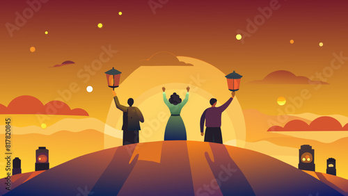 Elegant Evening Soiree with Friends Holding Lanterns at Sunset. Vector illustration for jewish holiday Tu B' av