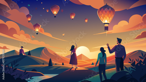 Enchanted Evening with Hot Air Balloons and Silhouetted Onlookers. Vector illustration for jewish holiday Tu B' av