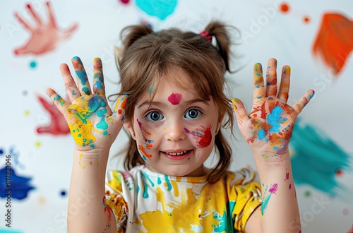 Joyful Little Artist  Smiling Girl with Colorful Painted Hands on White Background