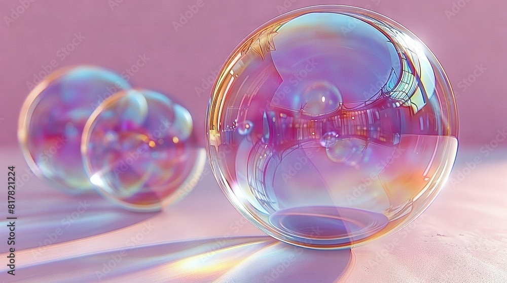 A cluster of foam spheres perched atop a white countertop alongside a pastel-colored wall, reflecting a nearby building A cluster of foam spheres perched atop a white countertop alongside a pastel-colored wall, reflecting a nearby building