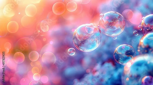   A group of bubbles bobbing atop a pastel blue, pink, yellow, and red backdrop with additional bubbles drifting skyward photo