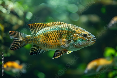 Tilapia swimming in a freshwater pond, representing aquaculture. 